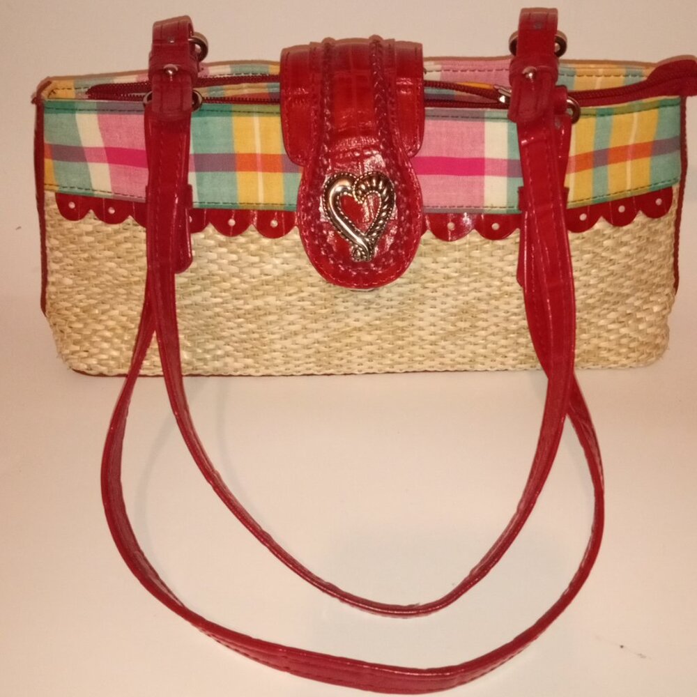 MC COLORFUL STRIPPED STRAW HANDBAG TRIMMED IN RED WITH A HEART